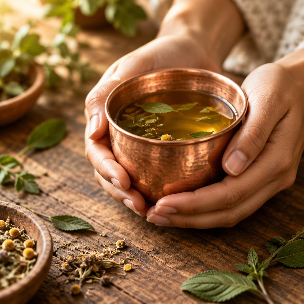Hands holding a copper cup of herbal tea beside scattered Ayurvedic herbs