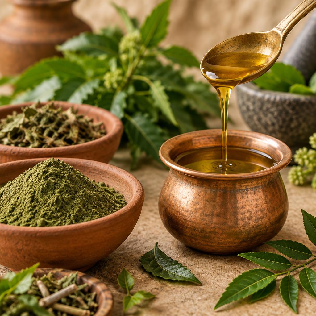 Herbal oil poured from a brass spoon into a copper vessel beside bowls of herbal powder