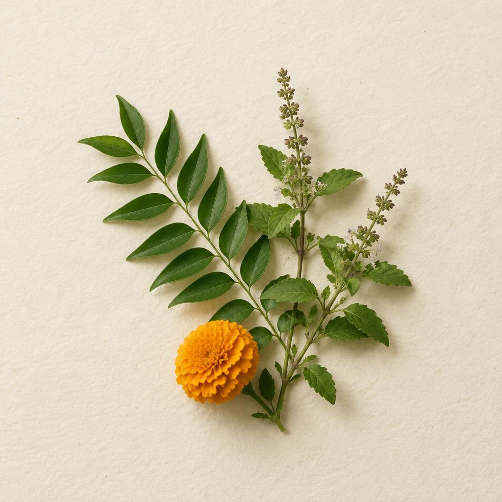 Curry leaves, tulsi sprigs and a marigold flower arranged on ivory handmade paper