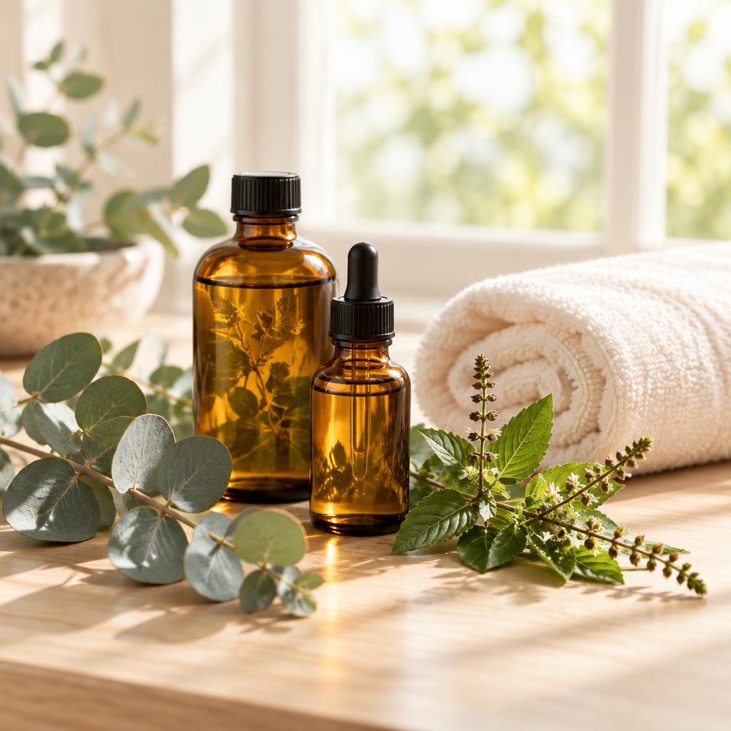 Amber bottles of herbal oil with eucalyptus and tulsi sprigs and a rolled towel